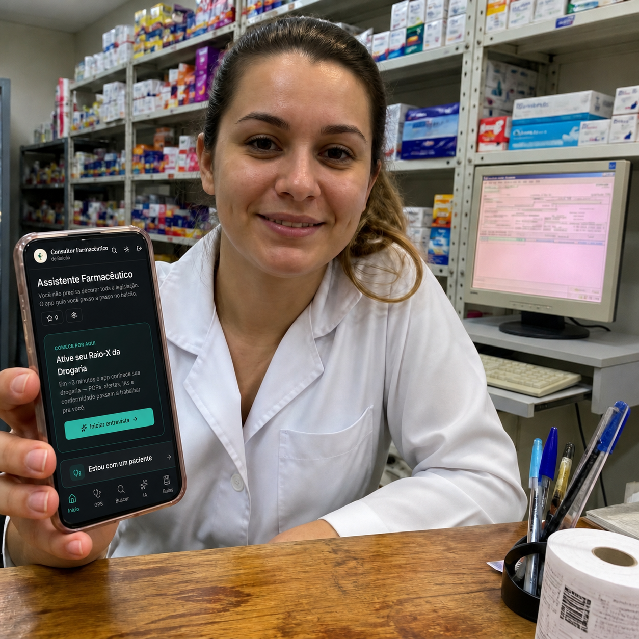 Farmacêutica consultando o Balcão Blindado no celular durante o atendimento