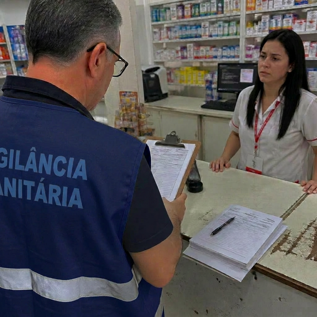 Fiscal da vigilância sanitária conferindo documentos no balcão da drogaria